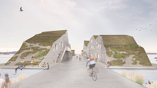 Drijvende woningen in zee